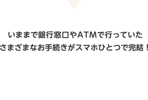 いままで銀行窓口やATMで行っていたさまざまなお手続きがスマホひとつで完結！