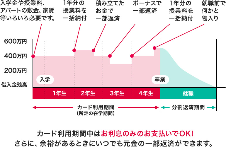 カード利用期間中はお利息のみのお支払いでOK!さらに、余裕があるときにいつでも元金の一部返済ができます。