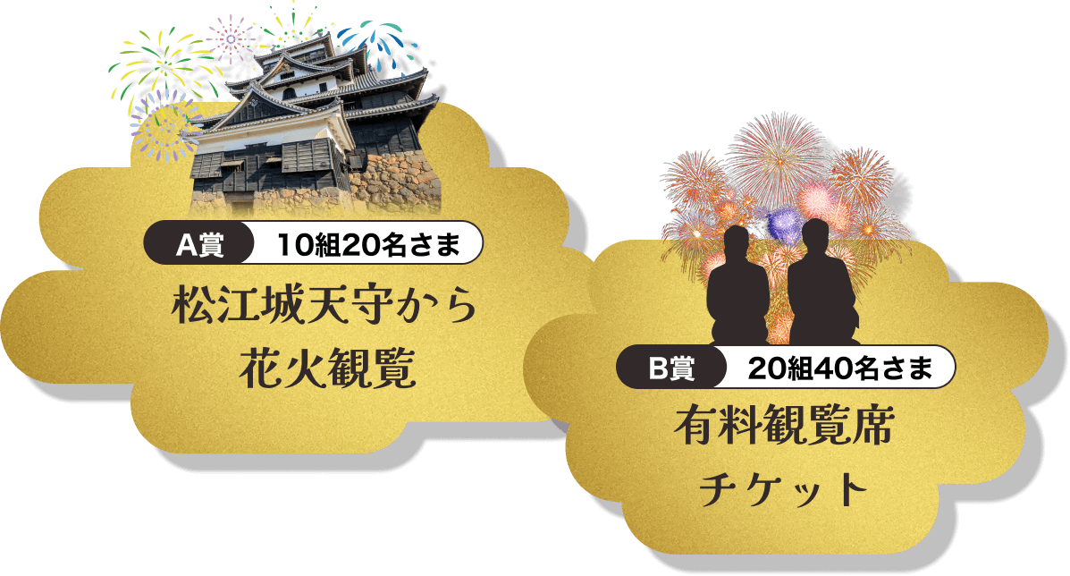 A賞　10組20名さま　松江城天守から花火観覧　　B賞　20組40名さま　有料観覧席チケット