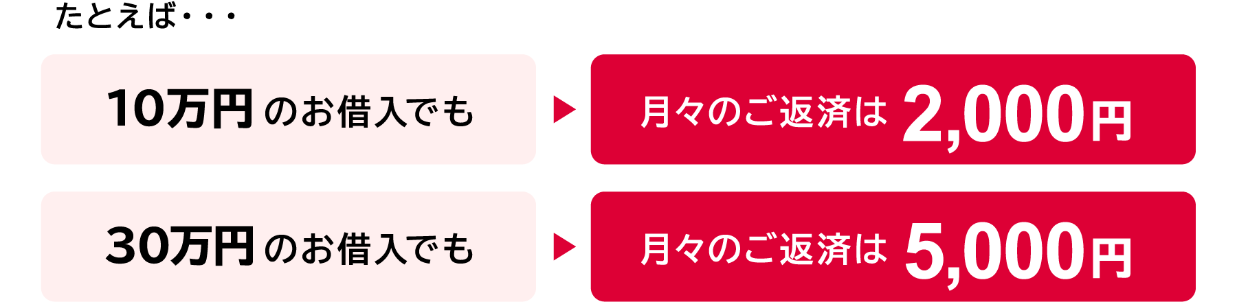 10万円のお借入でも月々のご返済は2,000円、30万円のお借入でも月々のご返済は5,000円