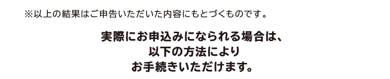 ※以上の結果はご申告いただいた内容に基づくものです。実際にお申込みになられる場合は、以下の方法によりお手続きいただけます。今すぐお申込み ごうぎんの口座を・・・