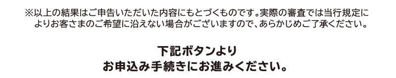 ※以上の結果はご申告いただいた内容に基づくものです。実際の審査では当行規定によりお客さまのご希望に沿えない場合がございますので、あらかじめご了承ください。下記ボタンよりお申込み手続きにお進みください。今すぐお申込み　ごうぎんの口座を・・・