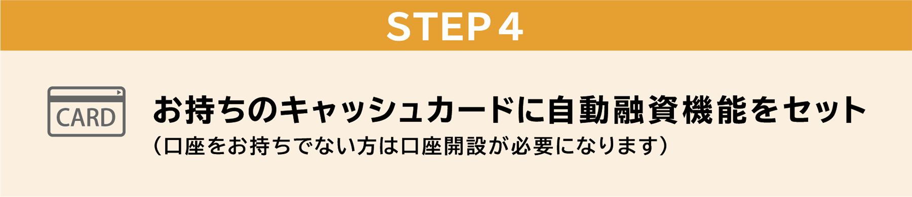 STEP4　お持ちのキャッシュカードに自動融資機能をセット（口座をお持ちでない方は口座開設が必要になります）